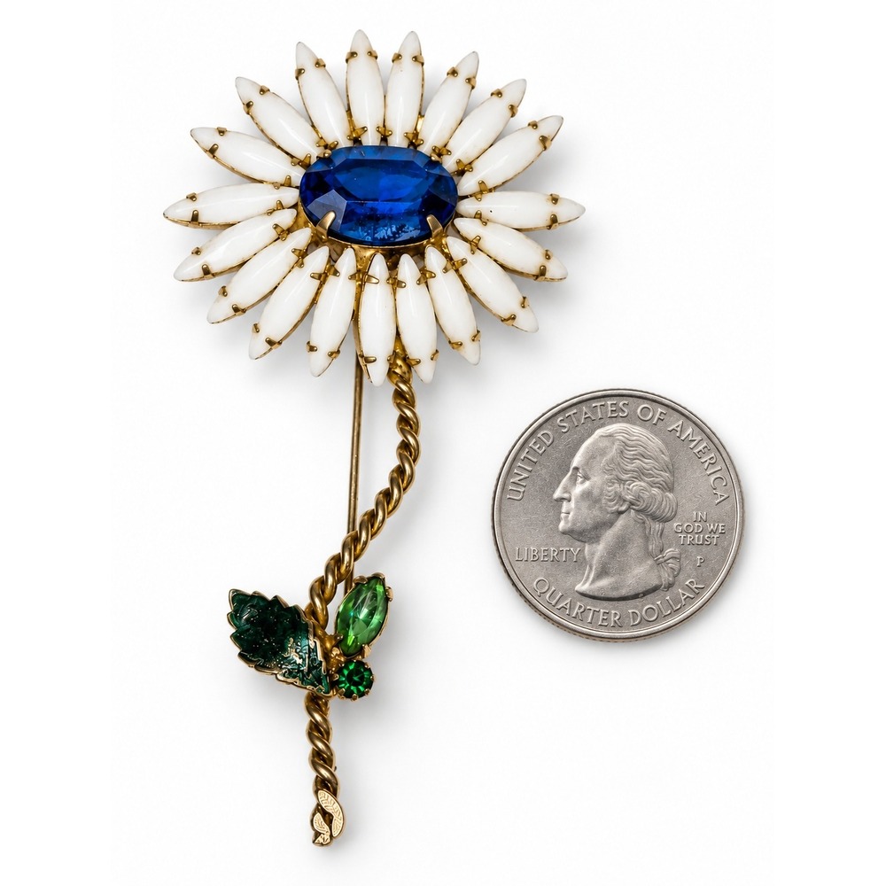 Vintage Milk Glass Daisy Brooch Blue Rhinestone Flower Pin 3.75"